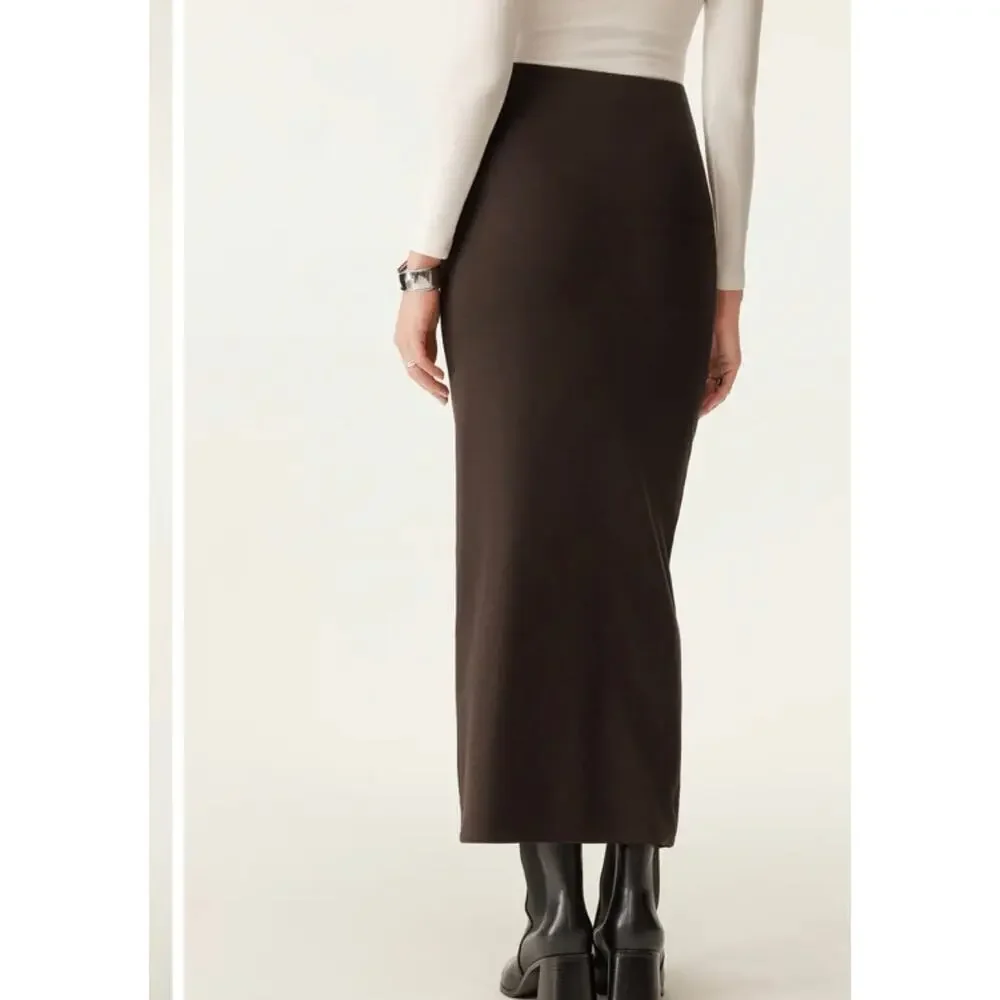 Brand New OGL Women's Size Small Black Max Warm Ruched Side Pencil Maxi Skirt - Picture 2 of 9